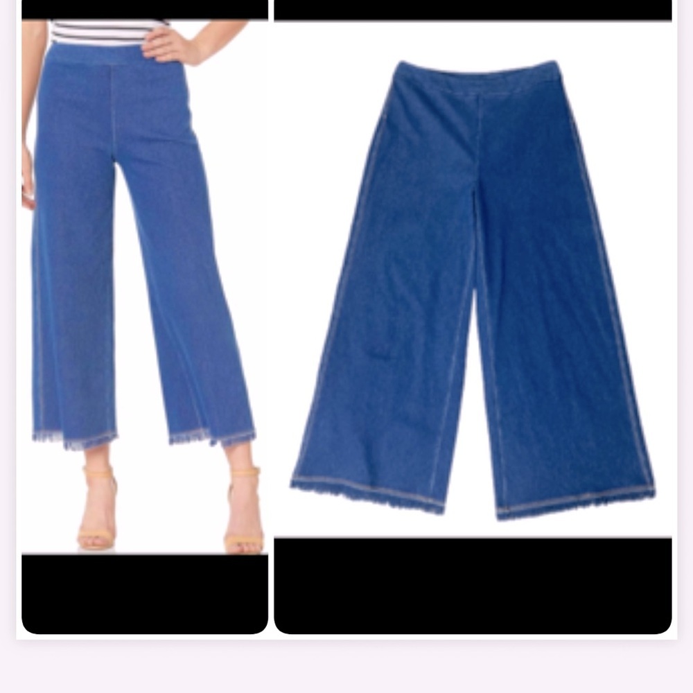 Lysse Classic Blue WideLeg Crop Pull on Jeans frayed  trim Pockets Stretch